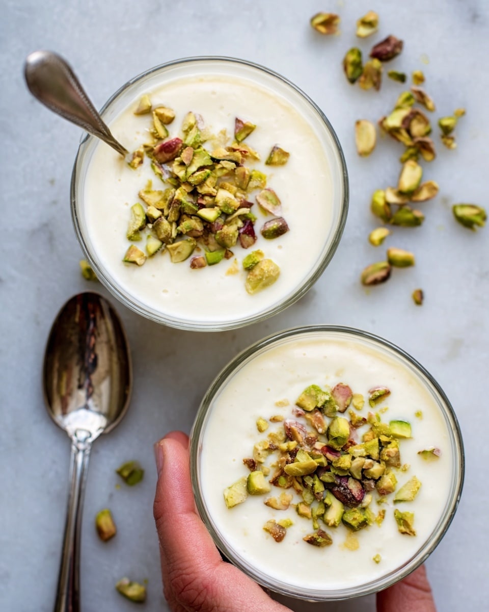 A clear glass cup filled with a creamy white rice pudding, topped with a layer of green chopped pistachios and scattered light brown sliced nuts. The cup sits on a white marbled surface, next to some cinnamon sticks, a gold spoon, and a white cloth. In the background, a small bouquet of purple flowers and a white cup with frothy coffee are softly blurred. The photo taken with an iphone --ar 4:5 --v 7