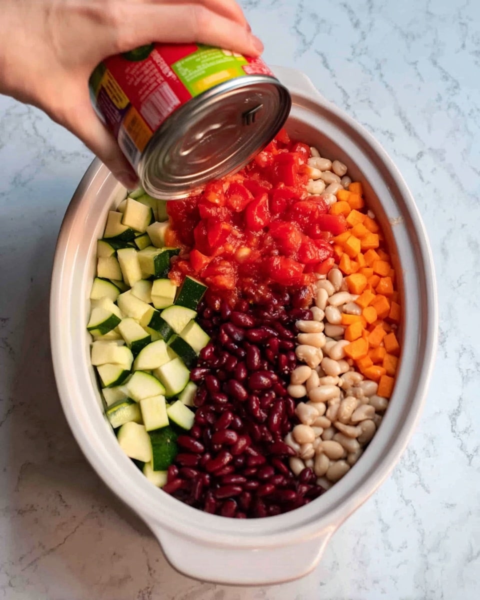 A white oval dish contains five groups of different chopped ingredients layered side by side: green zucchini slices on the top left, bright red chopped tomatoes right below the zucchini, dark red kidney beans to the left center, light beige white beans to the right center, and small orange carrot pieces below the white beans. A woman's hand is holding a can of diced tomatoes, tipping it over the dish to add more tomatoes. The surface under the dish is white with a marbled texture. Photo taken with an iphone --ar 4:5 --v 7