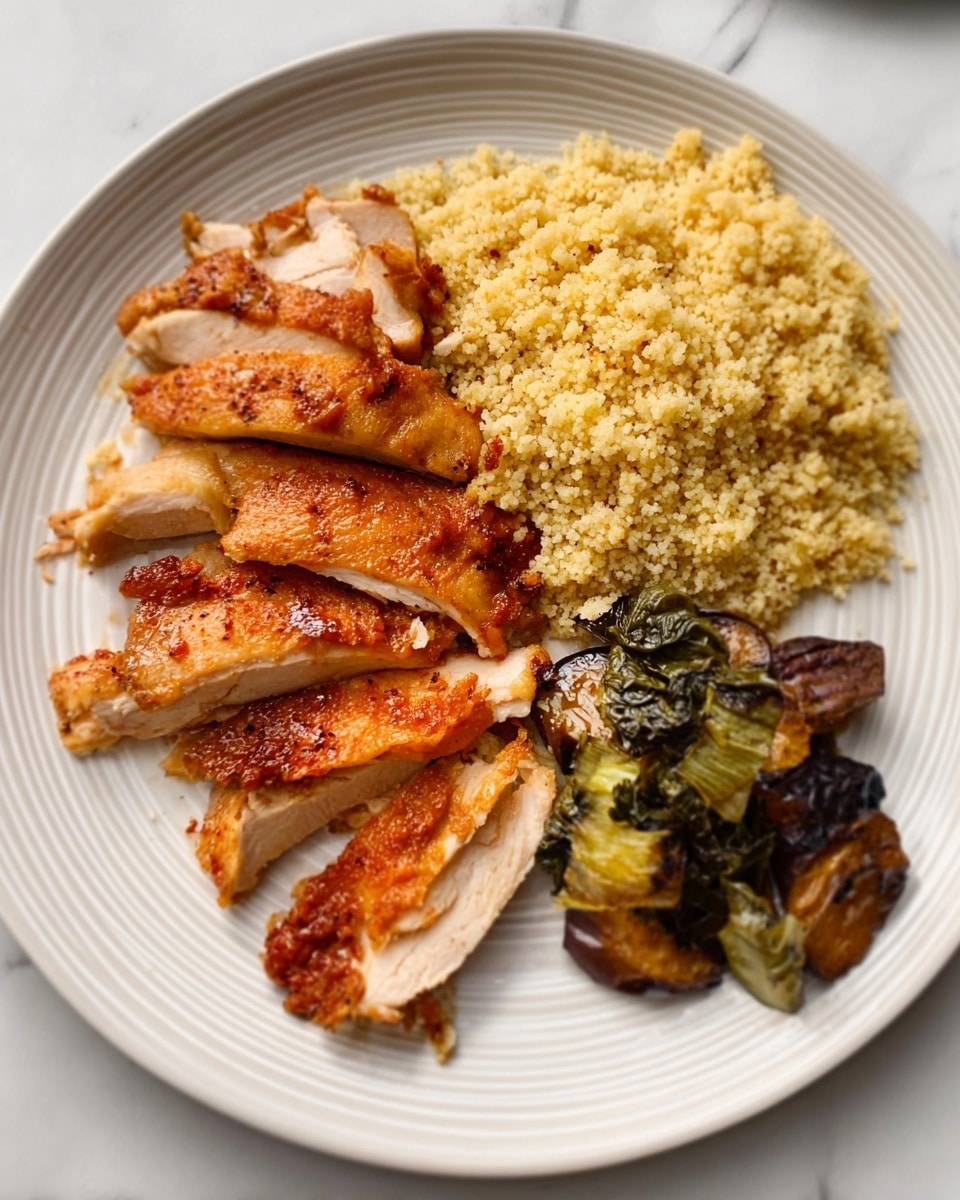 A white round plate on a white marbled surface holds three main parts. On the left side, several slices of cooked orange-brown chicken are stacked, showing a juicy texture with some crispy skin parts. On the upper section beside the chicken, there is a heap of pale yellow couscous, fluffy with small grains visible. On the bottom right, there is a small pile of cooked dark green and brown vegetables, likely eggplant, with a soft and slightly wrinkled look. Photo taken with an iphone --ar 4:5 --v 7