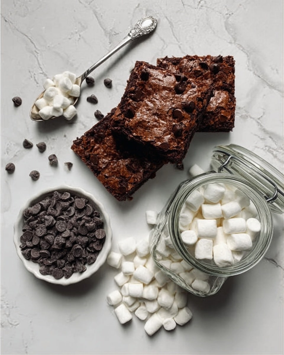 The image shows three square chocolate brownies with a rough texture and some melted dark chocolate chips on top. Next to them, there are small piles of dark chocolate chips scattered on the white marbled surface. Towards the bottom right, a clear glass jar filled with mini white marshmallows lies on its side with some marshmallows spilled out. To the bottom left, a white bowl filled with dark chocolate chips sits on the surface. There is also a silver spoon with a few marshmallows on it placed at the top left. The whole scene is arranged on a white marbled surface. Photo taken with an iphone --ar 4:5 --v 7