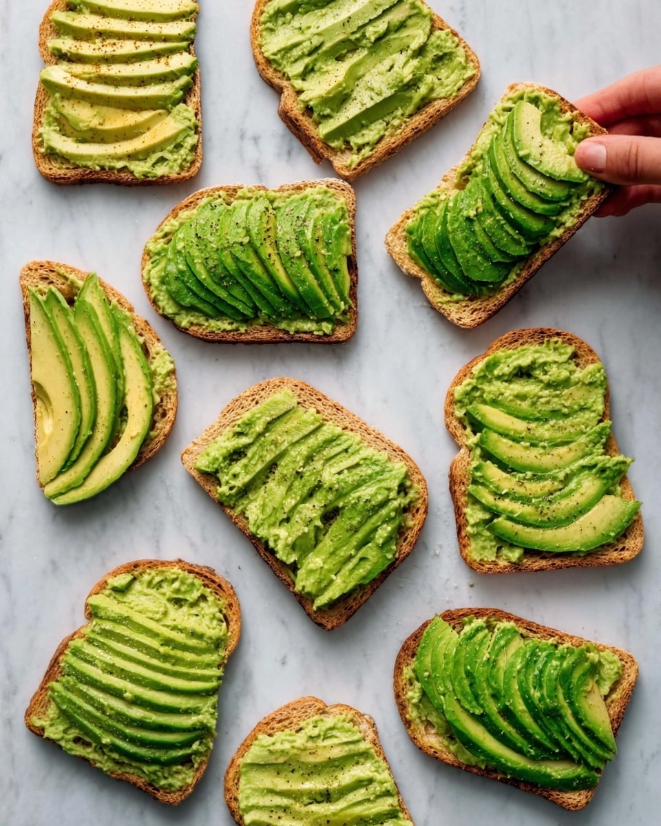 The image shows slices of toast topped with avocado, arranged on a white marbled surface. Each piece of toast has either smooth mashed avocado spread evenly or thin, neat slices of avocado layered on top. The mashed avocado is bright green with some texture visible, while the slices are arranged in slightly overlapping rows, creating a layered effect. The toast is toasted to a light golden brown color with slightly crispy edges. A woman's hand is holding one slice of toast near the upper part of the image. The overall look is fresh and healthy. photo taken with an iphone --ar 4:5 --v 7