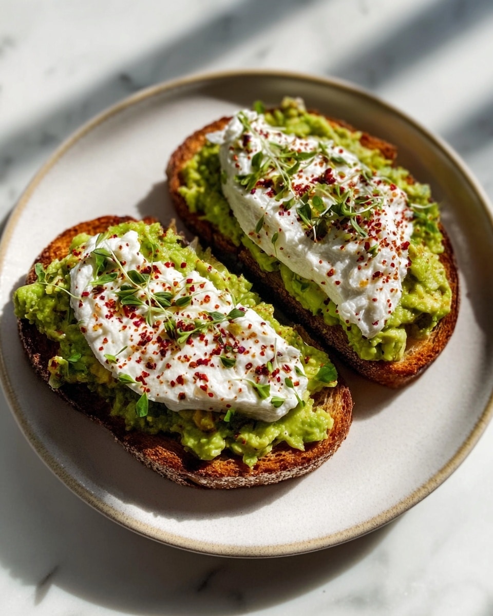 Two slices of brown toasted bread are placed side by side on a white plate. Each slice has a bottom layer of green mashed avocado spread evenly. On top of the avocado, there is a thick layer of white creamy topping. Red seasoning is sprinkled over the white layer, and small green herbs are scattered for garnish. The plate is set on a white marbled surface with soft natural light creating gentle shadows. Photo taken with an iphone --ar 4:5 --v 7