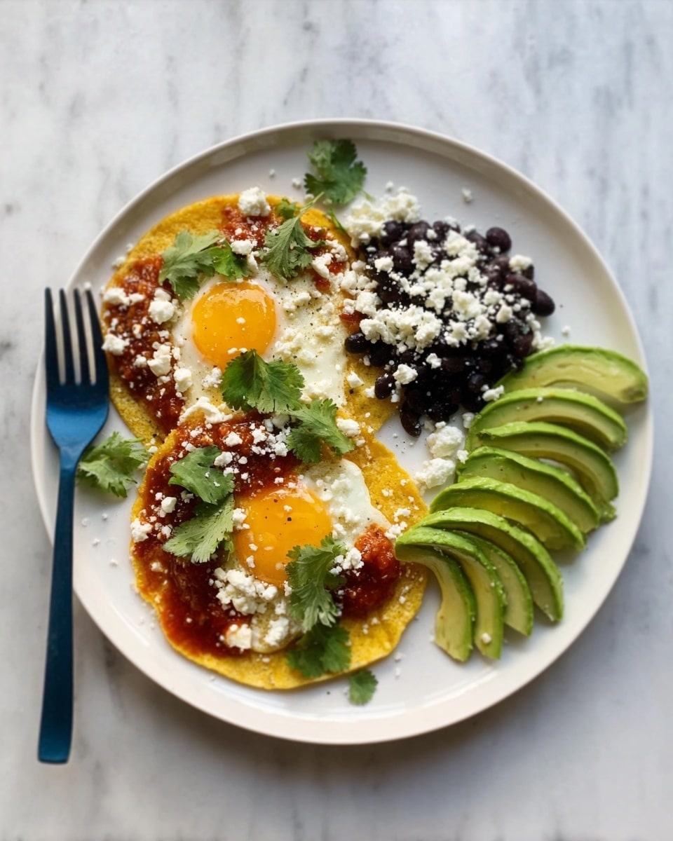 A white plate on a white marbled surface holds two layered yellow corn tortillas topped with golden fried eggs with runny yolks, red salsa, white crumbled cheese, and green cilantro leaves. On the left side of the plate, there is a small pile of black beans mixed with white cheese. On the right side, there are several slices of bright green avocado fanned out. A woman's hand holds a blue fork resting on the left side of the plate. Photo taken with an iphone --ar 4:5 --v 7