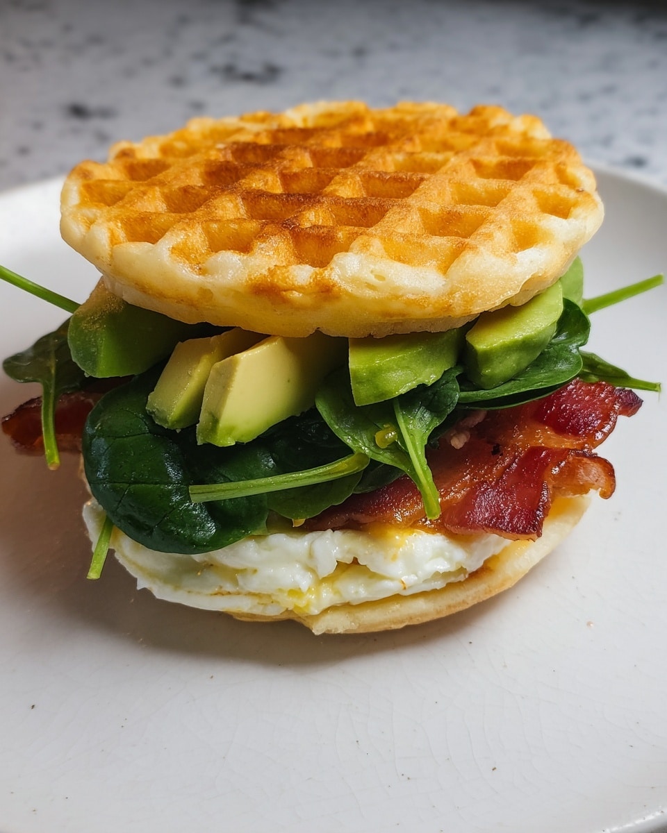 A sandwich is shown on a white plate with a white marbled texture surface beneath. The bottom layer is a cooked egg white with light browning, topped by a slice of cooked, reddish-brown bacon. Above the bacon, there is a layer of fresh, dark green spinach leaves, followed by pieces of light green avocado. The top layer is a golden-brown waffle with a crispy texture and waffle grid pattern. The sandwich is stacked evenly, capturing the mix of soft and crunchy textures. Photo taken with an iphone --ar 4:5 --v 7