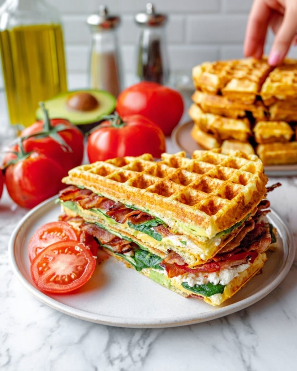 The image shows a sandwich made with four golden brown waffle layers stacked high. Between the waffle layers are fresh green spinach leaves, bright red tomato slices, creamy white cheese spread, and crispy bacon strips with a reddish-brown color. The sandwich is cut into a triangle shape, showing all the colorful layers from the side. It is placed on a round white plate sitting on a white marbled surface. In the background, there are ripe red tomatoes, a bottle of olive oil, salt and pepper shakers, an avocado half, and additional waffles. A woman's hand is arranging the sandwich. photo taken with an iphone --ar 4:5 --v 7