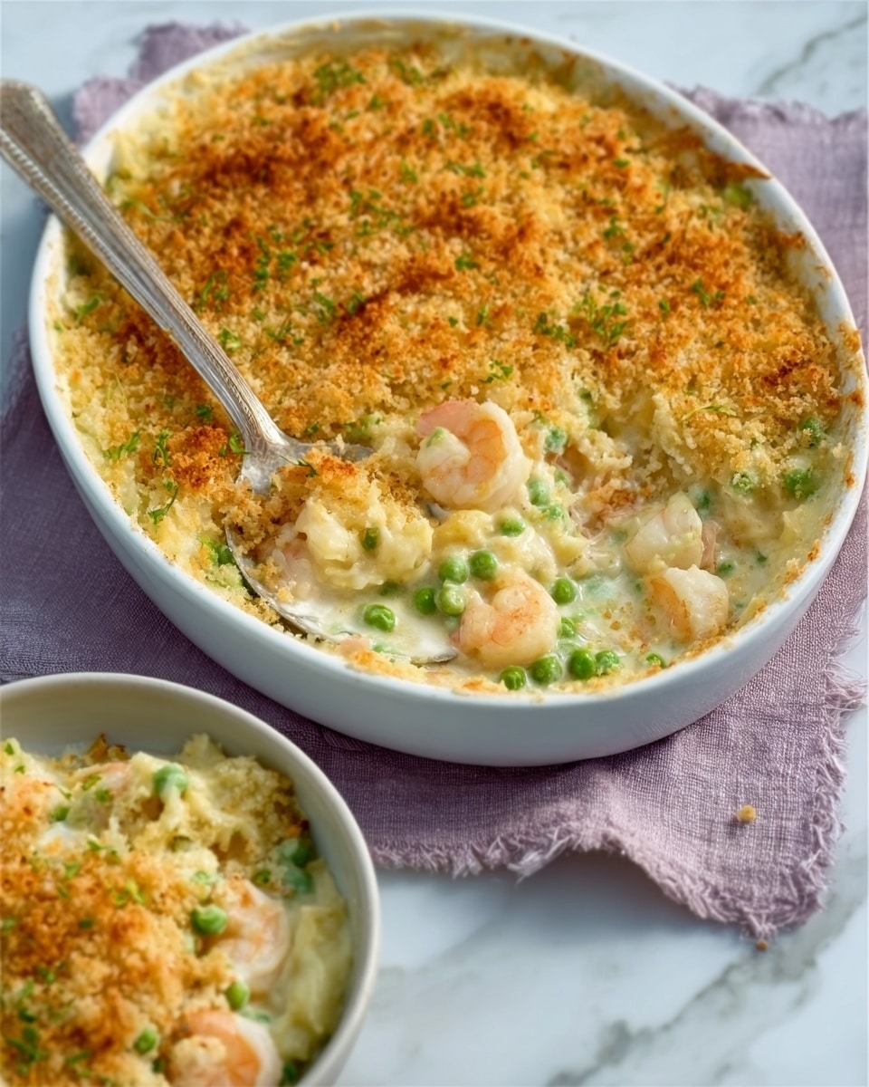 The image shows a white round baking dish filled with a creamy baked casserole, topped with a golden brown layer of crispy breadcrumbs. Inside the dish, the casserole has visible pieces of shrimp and green peas mixed into a soft, lightly colored creamy base. A silver spoon is inside the dish, scooping up a portion, showing the creamy texture beneath the crunchy topping. In front of the dish is a smaller white bowl also holding a serving of the casserole. The scene is set on a white marbled surface with a light purple cloth partially under the baking dish. photo taken with an iphone --ar 4:5 --v 7