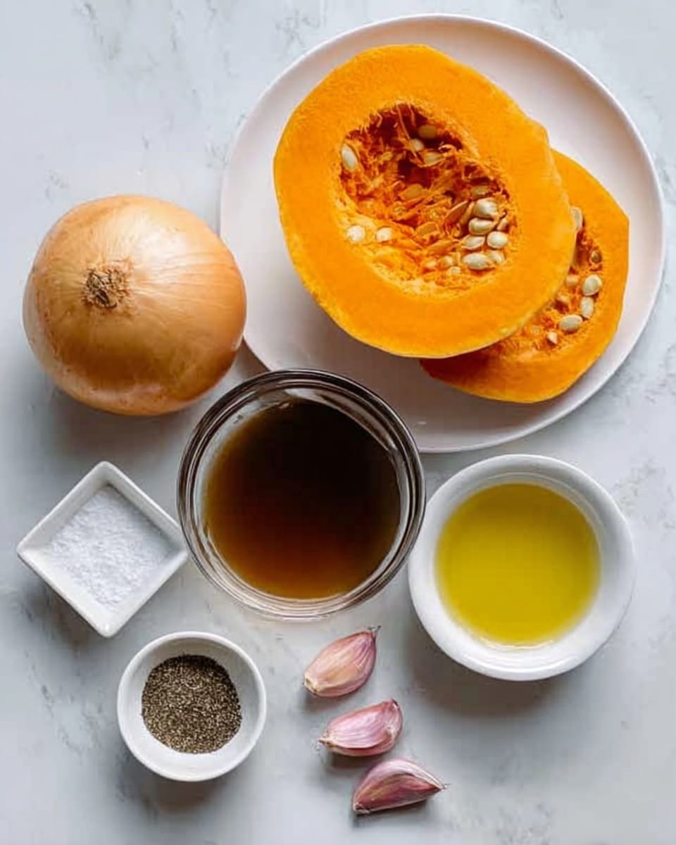 The image shows six ingredients placed on a white marbled surface. At the center top, there is a white plate holding half of a bright orange pumpkin with visible seeds inside. To the left of the pumpkin, a whole yellow onion sits directly on the surface. Below the pumpkin and onion, a clear glass bowl filled with a dark brown liquid is visible. To the right of this bowl is a small white bowl with light yellow oil. Below the bowl of oil, two garlic cloves with purple and white skins lie on the surface. In the bottom left corner, a small white rectangular dish holds salt, and next to it, a white bowl contains a mix of black and white pepper. The setup is simple and clean, emphasizing the ingredients. Photo taken with an iphone --ar 4:5 --v 7