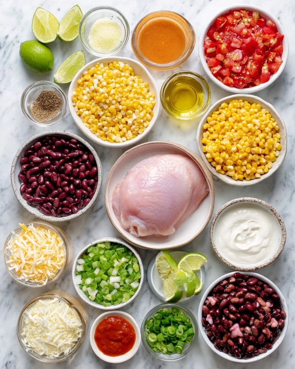 The image shows a top-down view of many small white bowls arranged on a white marbled surface, each filled with different cooking ingredients. In the middle is a bowl with a raw pink chicken piece. Surrounding it are layers of ingredients: bright yellow corn kernels, dark red and black beans, chopped white onions, bright green sliced scallions, red diced tomatoes, smooth orange sauce, creamy white sour cream, and pale yellow shredded cheese. There are also fresh green lime slices and small bowls holding light brown spices and olive oil. A woman's hand gently holds one of the bowls on the left side of the image. photo taken with an iphone --ar 4:5 --v 7