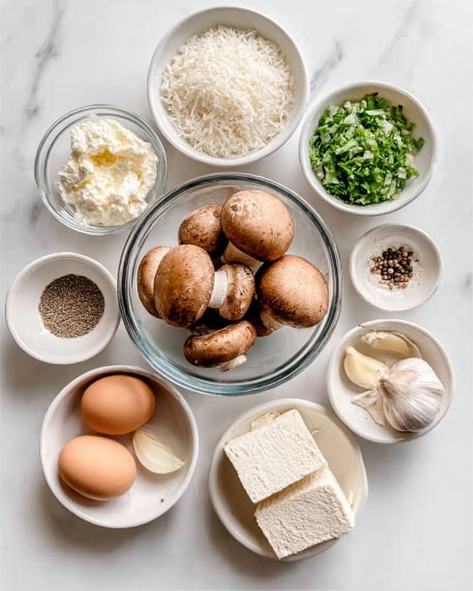A clear glass bowl in the center holds whole brown mushrooms with smooth caps and white stems. Surrounding the bowl are eight small white bowls, each with a different ingredient: one with white cream cheese, one with chopped white onions, one with chopped green herbs, one with a single brown egg, one with plain white rice, one with two pieces of beige firm tofu, one with a mix of black and white peppercorns, and one with a small peeled garlic clove. All the bowls are placed on a white marbled surface. Photo taken with an iphone --ar 4:5 --v 7