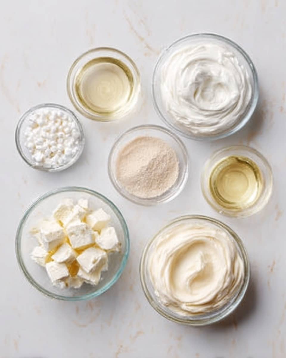 The image shows several small clear glass bowls arranged on a white marbled surface, each filled with different ingredients. One bowl has smooth, creamy white whipped cream, while another contains small white chunks, likely cream cheese or butter. There is a bowl with pale, thick cream and three tiny bowls holding a small amount of light beige powder, a pale yellow liquid, and another clear liquid. The bowls are placed in an organized pattern, giving a clean and simple feel. photo taken with an iphone --ar 4:5 --v 7