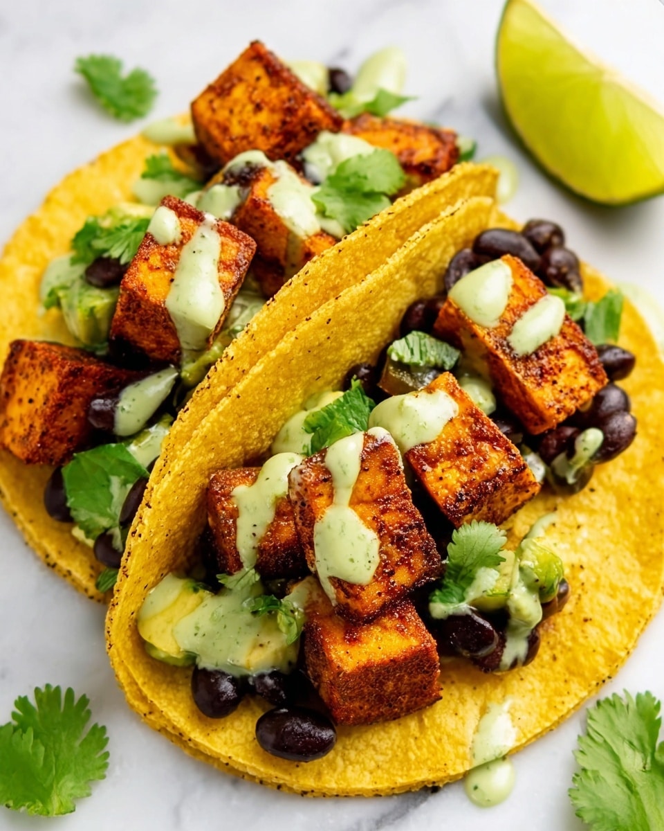 The image shows two tacos on a white marbled background. Each taco has a yellow corn tortilla base. Inside, there are several crispy, golden-brown pieces of tofu or fried vegetable chunks stacked in the middle. Black beans are scattered around the tofu, with small green cilantro leaves placed on top for garnish. A light green sauce is drizzled over the filling, adding a creamy texture. The tacos are arranged side by side, and a small wedge of lime is partially visible near the edge. Photo taken with an iphone --ar 4:5 --v 7