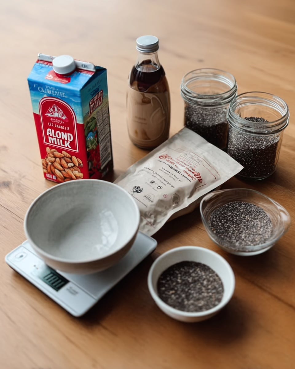 The image shows a white bowl placed on a white marbled surface. Around the bowl are several items: a carton of almond milk with red and blue colors, a bottle of syrup with a dark brown liquid inside, a beige packet of chia seeds with red and black text, and two glass jars filled with black and white seeds. In front of the white bowl is a digital scale with a small white cup containing black seeds. The scene is lit naturally and organized neatly. photo taken with an iphone --ar 4:5 --v 7