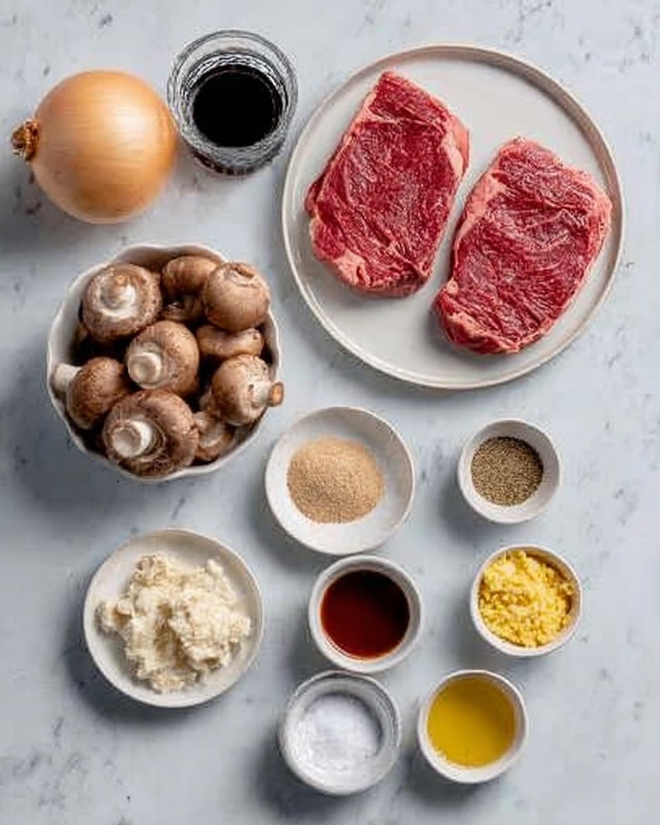 The image shows the ingredients neatly arranged on a white marbled surface. In the upper right corner, there is a white plate holding two red raw steaks with marbled fat. To the left of the steaks, there is a whole yellow onion. Below the onion, a white bowl is filled with brown mushrooms. In the center, there are four small white bowls in two rows; the top two contain beige ground spices and the lower two contain white coarse salt and a red thick sauce. Below these bowls, there are three smaller white bowls each holding yellow minced garlic, a dark brown sauce, and light yellow olive oil, respectively. A clear glass of dark liquid sits in the upper left corner. The setup clearly shows all raw ingredients for preparing a dish. photo taken with an iphone --ar 4:5 --v 7