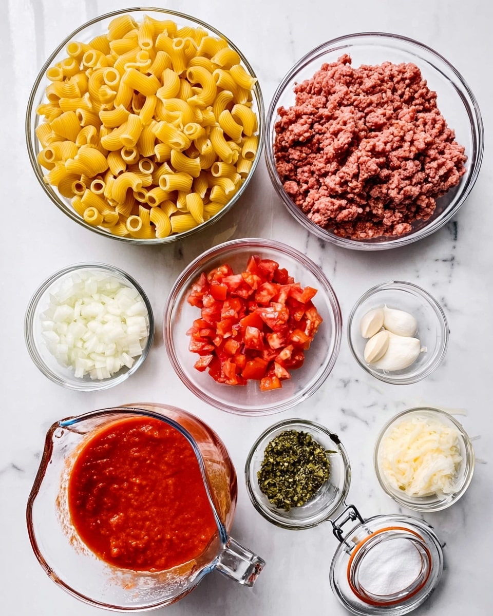 The image shows several clear bowls and a glass jar arranged on a white marbled surface, each filled with different ingredients for a meal. One large bowl holds uncooked yellow short pasta, with smooth texture and tube-like shapes. A bowl contains ground beef with a reddish-pink color and a slightly coarse texture. Another bowl is filled with bright red tomato sauce, smooth and thick, with a white woman's hand pouring it from a glass measuring cup. There are smaller bowls containing chopped white onions, minced garlic, chopped red tomatoes, and a light green herb, each finely chopped or minced. A small glass jar with a metal clasp holds a white powder, likely salt, and another small section has grated white cheese with a soft texture. The items are neatly spread out and well lit, highlighting their colors and textures. Photo taken with an iphone --ar 4:5 --v 7