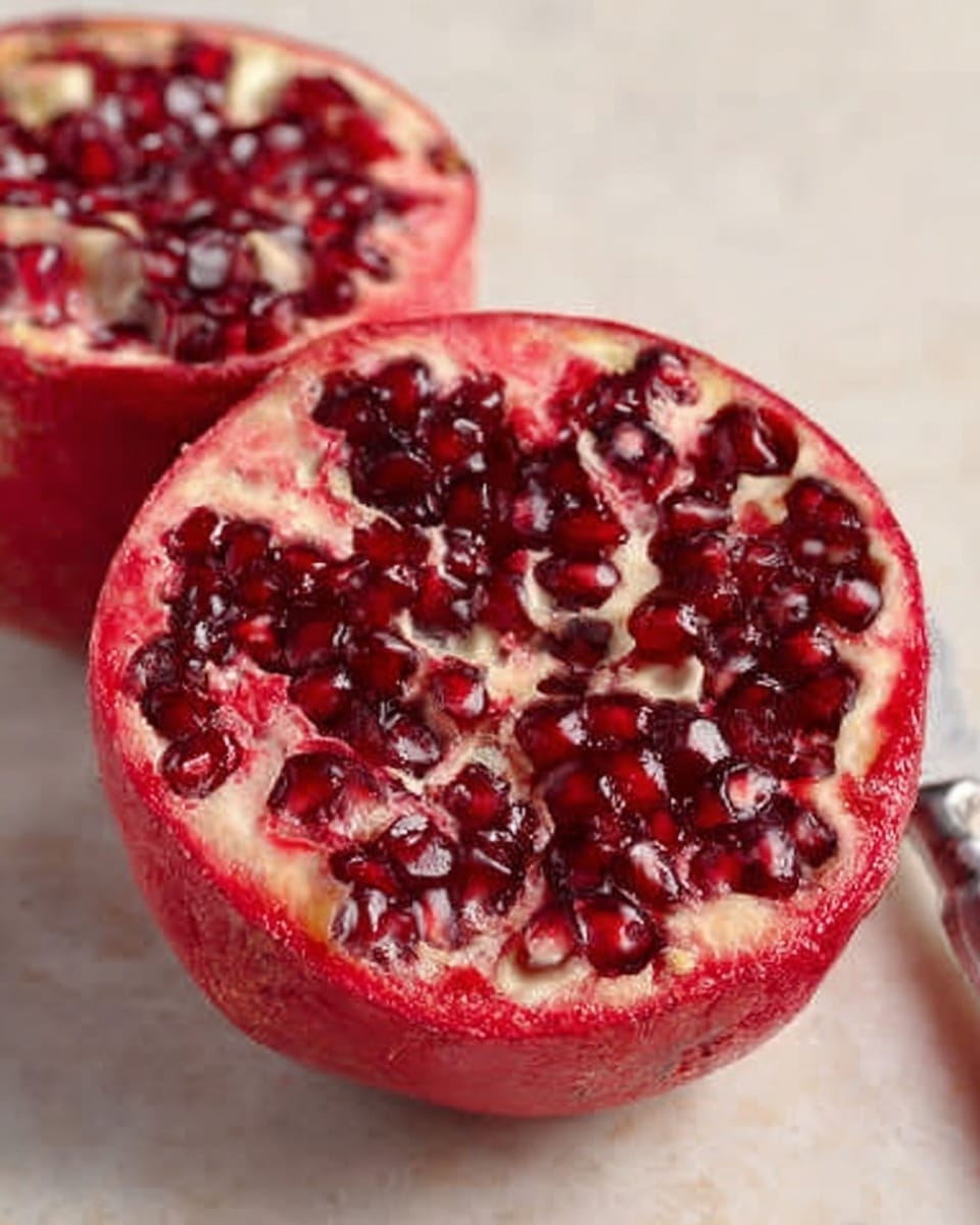 The image shows a close-up of a pomegranate cut in half, placed on a white marbled surface. The pomegranate has a bright red outer skin with a slightly rough texture. Inside, there are many small juicy seeds that are dark red and shiny, packed tightly in clusters separated by pale cream-colored membranes. One half is closer to the camera, showing the seeds clearly, while the other half is slightly blurred in the background. There is a silver knife lying next to the fruit. photo taken with an iphone --ar 4:5 --v 7