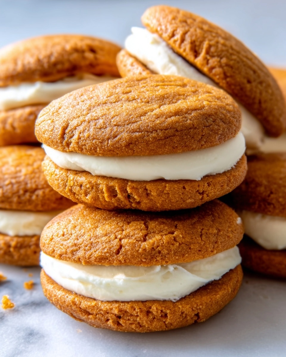 The image shows several round sandwich cookies stacked together on a white marbled surface. Each sandwich has two soft, golden brown cookie layers with a smooth, thick white cream filling in the middle. The cookie layers have a textured, slightly cracked surface that looks soft and chewy. The cream layer is even and thick, slightly oozing out between the cookie halves. The lighting highlights the warm brown color of the cookies and the clean white cream, making the treats look fresh and inviting. photo taken with an iphone --ar 4:5 --v 7