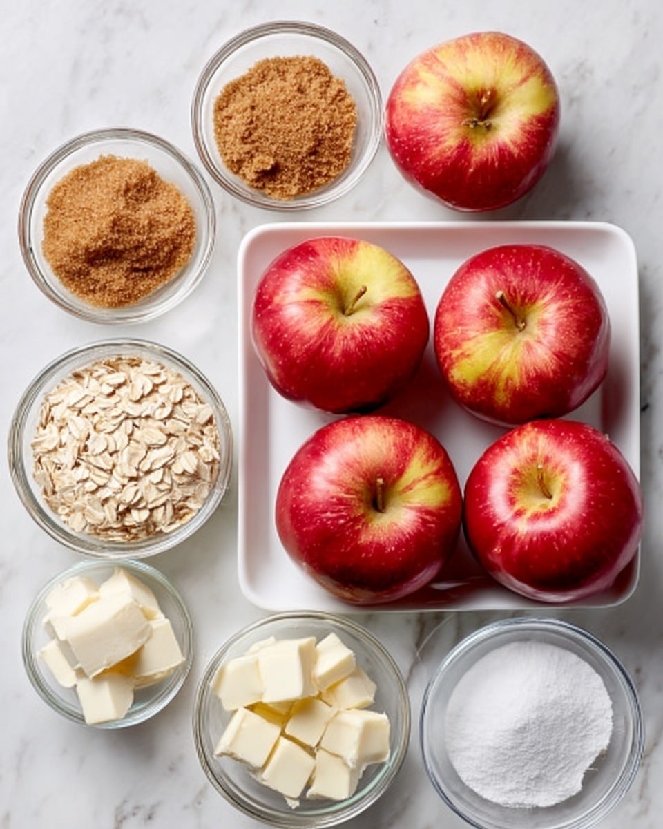 The image shows a white square plate holding six shiny red apples with yellow patches, arranged in two rows. Around the plate are small clear glass bowls containing different ingredients: brown sugar with a grainy texture, light beige rolled oats, white flour with a powdery look, white cubes of butter, and a small amount of brown spice powder, all placed on a white marbled surface. There is also a small clear glass bowl with white granulated sugar. The scene is clean and bright, with a simple layout. Photo taken with an iphone --ar 4:5 --v 7