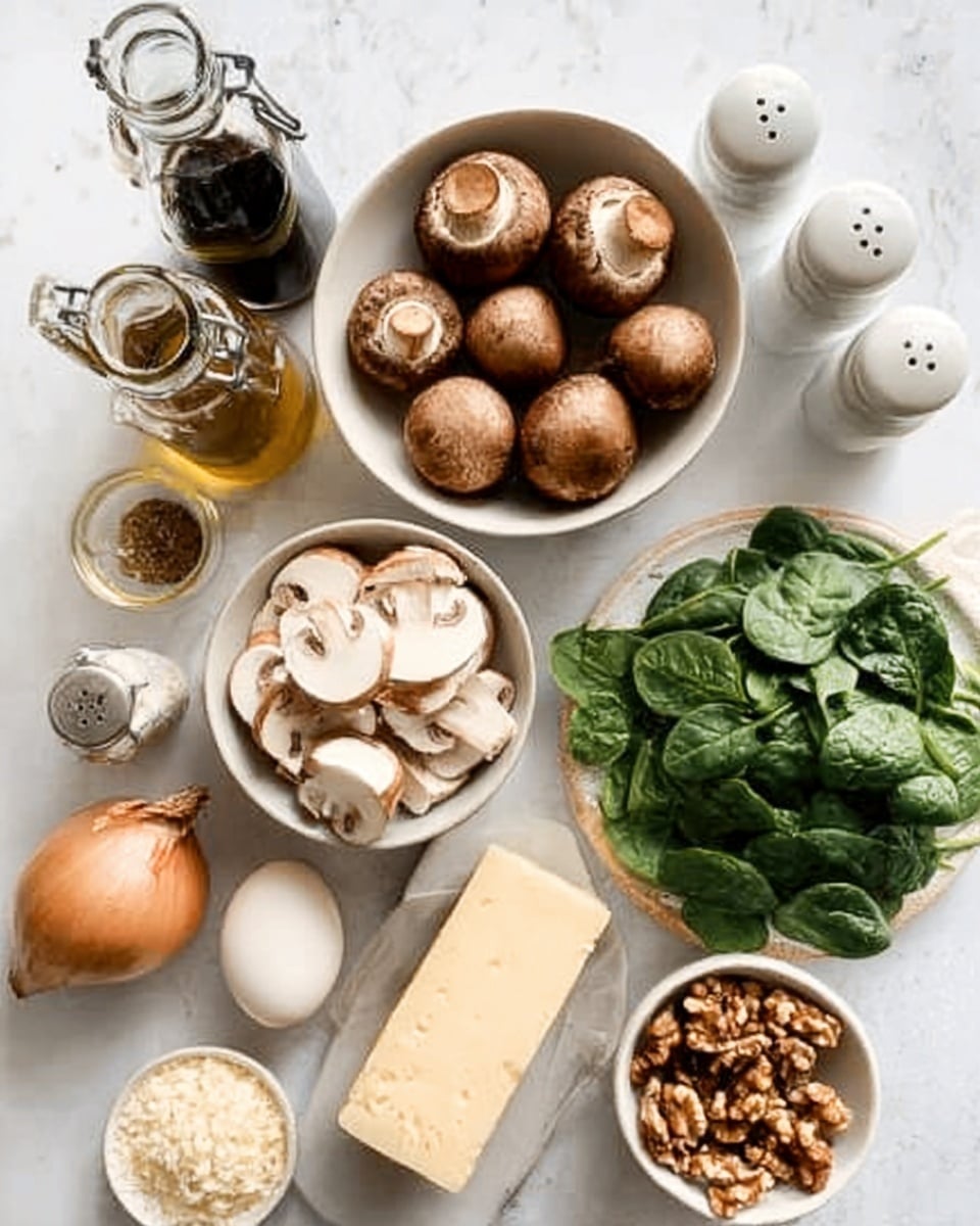 The image shows a white marbled table with various ingredients arranged neatly. In the center, there is a white bowl filled with whole round mushrooms that have a brown color and a smooth texture. Below it, there is another white bowl filled with sliced white mushrooms showing their creamy interiors. To the right, a pile of fresh green spinach leaves sits on the white marble surface. On the left side, there are an onion and a mix of nuts in a small white bowl. A clove of garlic and an egg rest near the spinach. Near the top of the image, there are two clear bottles filled with dark and light liquids, likely oil and vinegar, accompanied by white salt and pepper shakers. There is also a light-colored block of cheese. The scene is clean and well-lit, with a cozy homemade cooking feel photo taken with an iphone --ar 4:5 --v 7