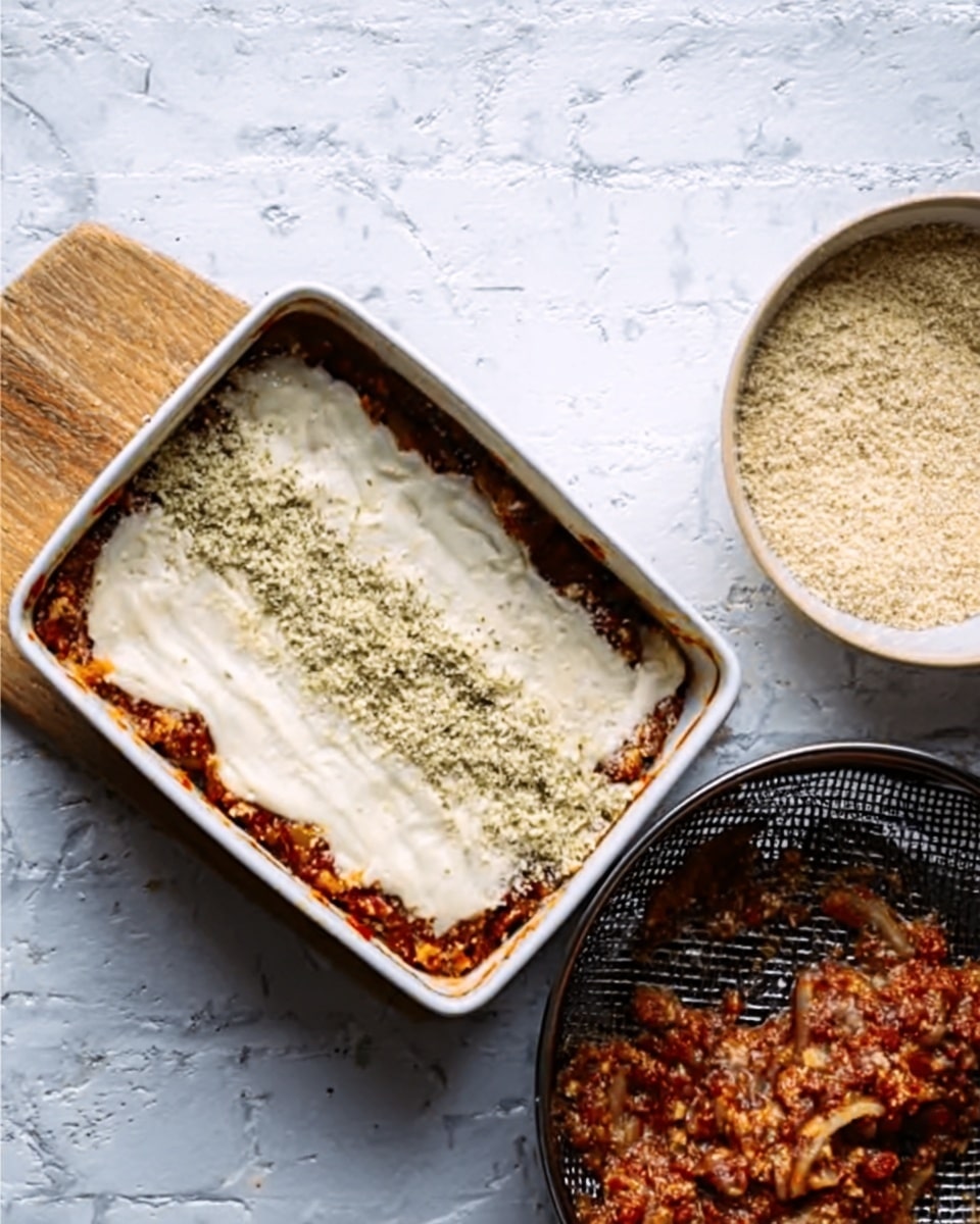 A white rectangular dish filled with three distinct layers. The bottom layer consists of a chunky red sauce with visible bits of cooked ingredients, giving a rich texture. Above that is a thick, creamy white sauce spread evenly, covering the whole surface. The top layer includes a light greenish sprinkle sitting on one side of the dish, suggesting herbs or cheese. Next to the dish on the white marbled surface is a round white bowl with a beige grainy substance, and a black mesh pan containing more of the chunky red sauce. Photo taken with an iphone --ar 4:5 --v 7