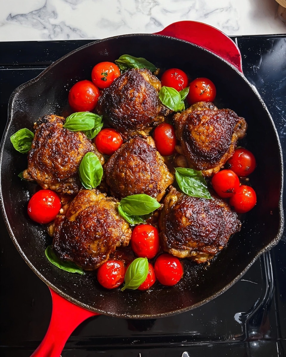 A black cast iron pan with a red handle holds five pieces of well-cooked, dark brown chicken thighs with a crispy skin on top. Around the chicken are bright red whole cherry tomatoes, some slightly soft, and green basil leaves are placed between the pieces of chicken and tomatoes. The pan sits on a shiny black stove surface, and the background is a white marbled texture. photo taken with an iphone --ar 4:5 --v 7