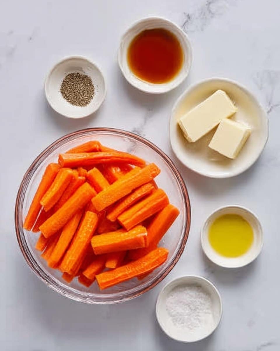 A clear glass bowl filled with bright orange baby carrot sticks sits on a white marbled surface. Around the bowl are five small white dishes: one contains coarse black pepper, another has a solid square of butter, a third holds a small amount of brown liquid, probably maple syrup, a fourth dish has a light yellow liquid likely olive oil, and the last one contains coarse salt. The setup is simple, clean, and organized, with all items arranged neatly on the white marbled background. photo taken with an iphone --ar 4:5 --v 7