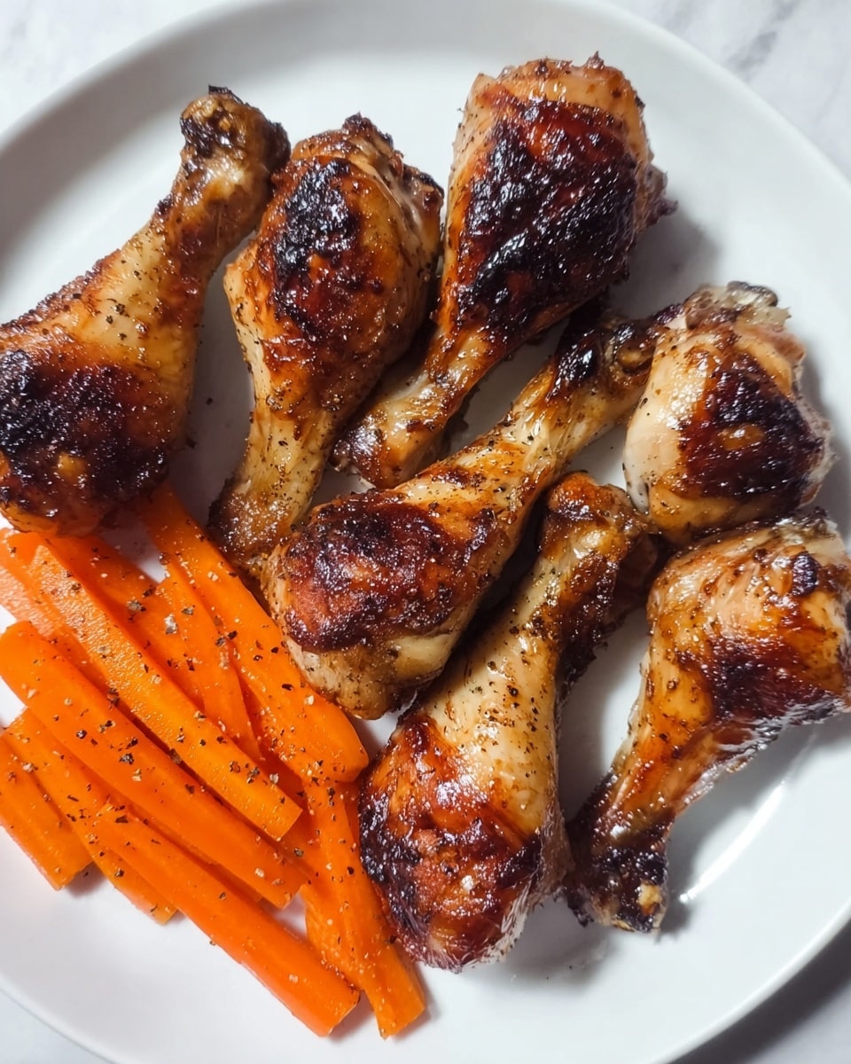 A white plate on a white marbled surface holds seven cooked chicken drumsticks arranged in a loose circle with the thick ends pointing out. The drumsticks have a shiny, dark golden brown color with slightly charred spots showing crisp skin. Below the drumsticks, on the plate’s lower side, lies a small pile of orange carrot sticks seasoned with black pepper, contrasting with the darker meat above. The carrots have a smooth texture and are cut into long rectangular shapes. Photo taken with an iphone --ar 4:5 --v 7
