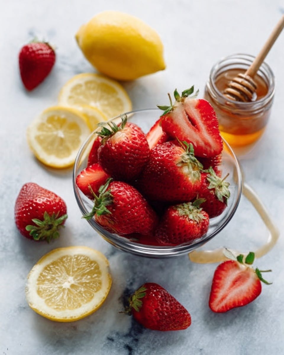 A clear glass bowl filled with whole and halved bright red strawberries with green tops is placed on a white marbled surface. The bowl is topped with a halved strawberry leaning slightly to one side. Around the bowl, there are scattered strawberry halves and several lemon slices, arranged casually. A small jar of honey with a wooden honey dipper rests nearby, adding a warm golden brown color contrast. The light is soft, highlighting the freshness of the fruit and the shine of the honey. Photo taken with an iphone --ar 4:5 --v 7