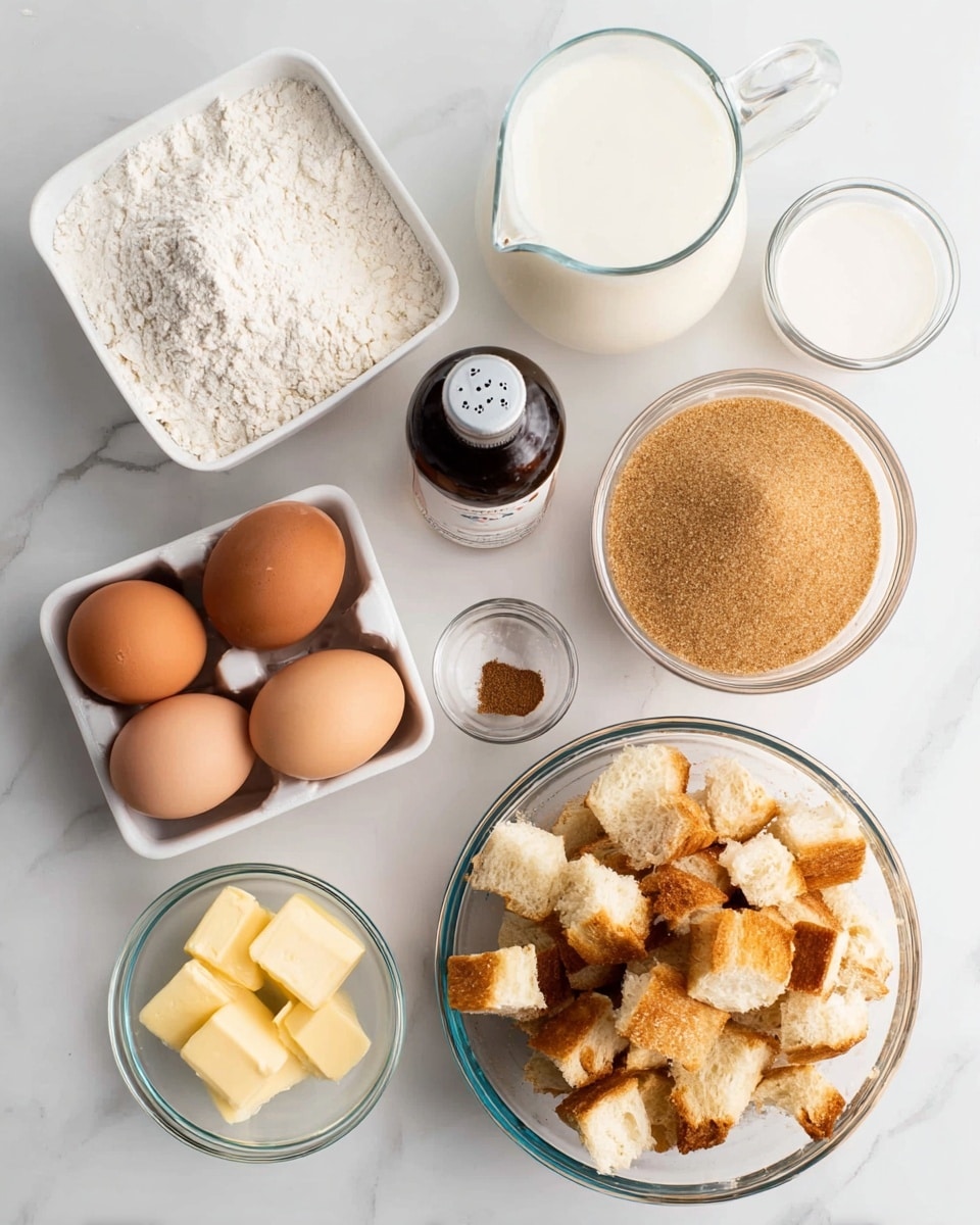 The image shows a flat layout of baking ingredients placed on a white marbled surface; on the right side, there is a large clear glass bowl filled with roughly cut white bread pieces with golden crust; near the top right is a jar filled with light brown sugar; above the bread bowl is a clear pitcher with milk; to the left of the milk, there is a white container holding six brown eggs; near the top left lies a small spice bottle labeled cinnamon with brown powder inside; to the left of it is a large glass jar with white flour; near the bottom left corner, there is a small clear bowl with two pieces of yellow butter; next to the butter is a clear measuring cup filled with milk; near the bottom left corner of the flour sits a small bottle of dark vanilla extract. photo taken with an iphone --ar 4:5 --v 7