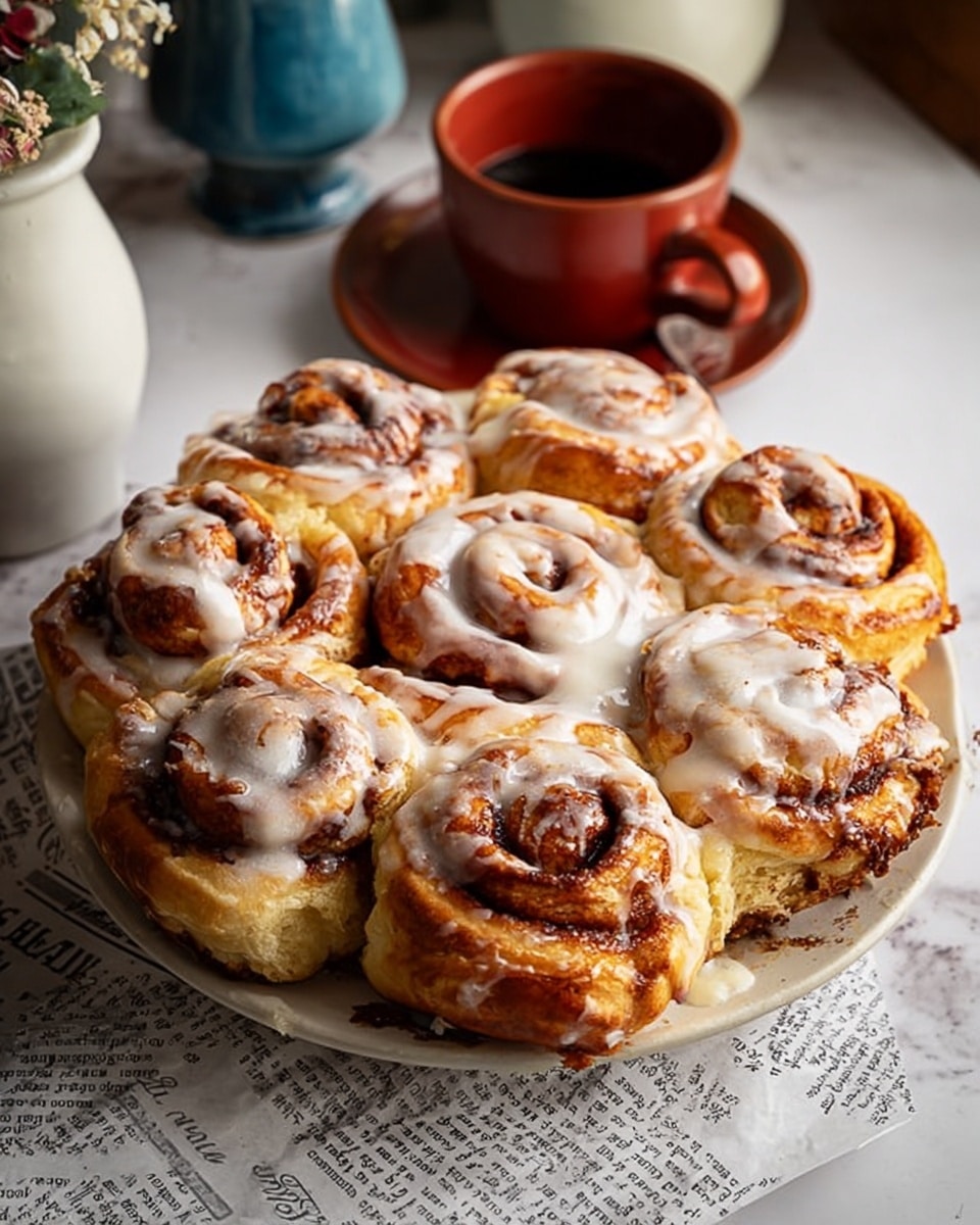 A white round plate is filled with nine soft cinnamon rolls arranged closely together. Each roll has golden-brown swirls of dough mixed with dark cinnamon layers, topped with thick white icing drizzled unevenly over the surface, creating a glossy texture. The rolls are fluffy with slightly crispy edges, and the icing adds a creamy look contrasting with the warm, baked tones. The plate sits on a white marbled surface with a paper underneath showing printed text. In the background, there is a reddish-brown cup with a matching saucer holding dark coffee, along with other softly blurred items including a blue vase and white bowl. photo taken with an iphone --ar 4:5 --v 7
