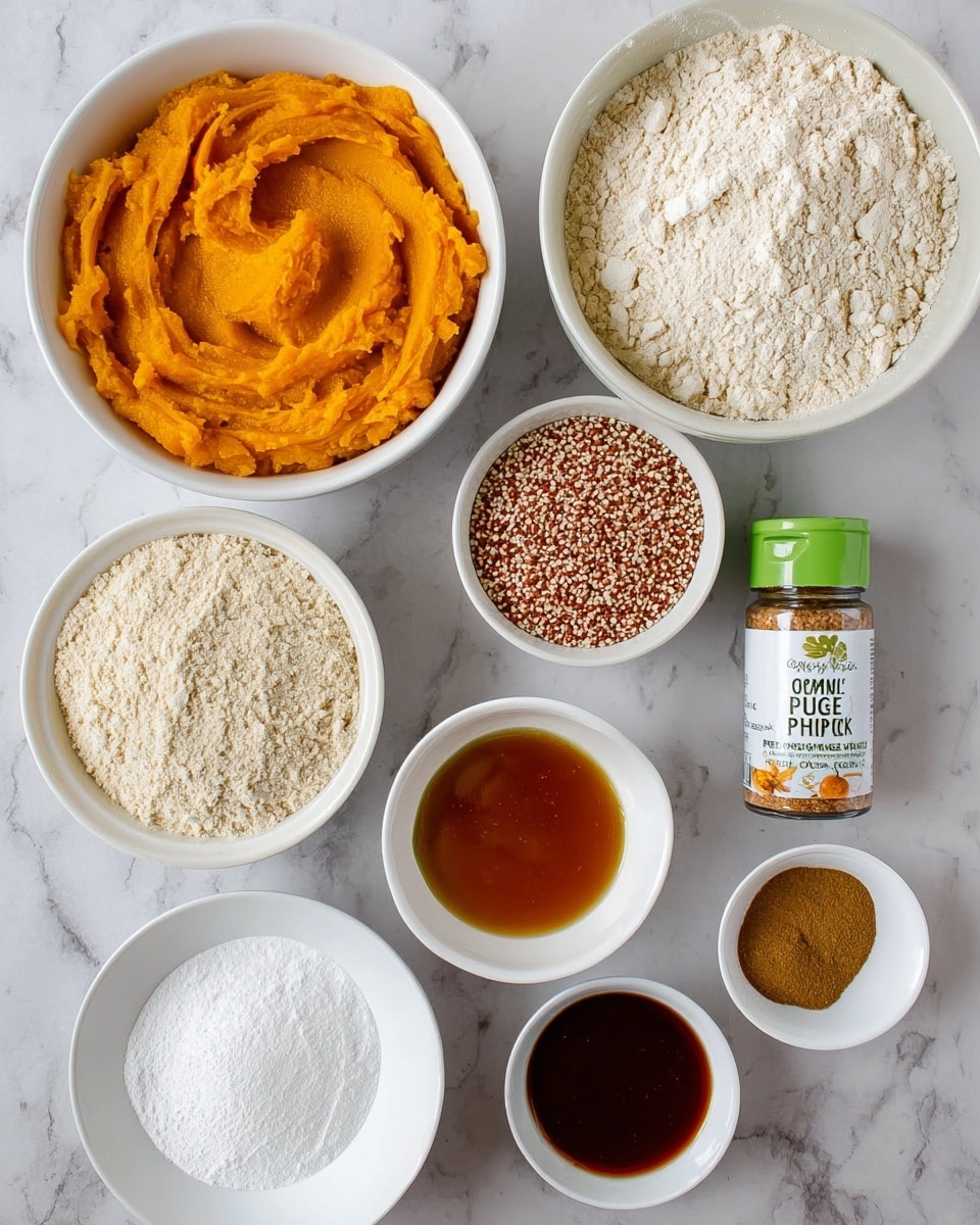 The image shows several white bowls arranged on a white marbled surface, each holding a different ingredient. There is one large bowl filled with orange pumpkin puree with a smooth texture, and another large bowl with off-white flour that looks slightly clumpy. A smaller bowl contains a light beige powder, likely almond flour, with a fine texture. Another small bowl holds a mixture of reddish-brown seeds or grains. There is also a white plate with two white powders, possibly baking soda and baking powder. Below these, there is a white bowl with dark amber liquid, and another white bowl with a darker brown liquid. In the center lies a small bottle labeled