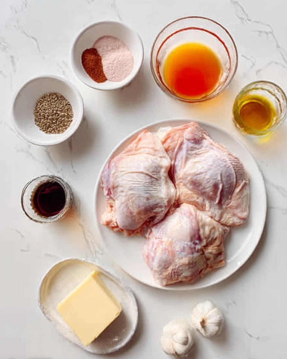 The image shows a white plate with three raw chicken pieces, pale pink with some skin folds, placed on a white marbled surface. Around the plate are small white bowls and glasses holding various ingredients: a bowl with pink and brown powders, a rimmed glass with an orange liquid, a small glass with dark red sauce, another glass with a clear yellow liquid, a bowl with brown seeds, a single clove of garlic on a white dish, and a rectangular block of butter on the surface. The scene is simple and clean, with soft natural light catching the textures of the chicken and the smooth liquids in the containers. photo taken with an iphone --ar 4:5 --v 7