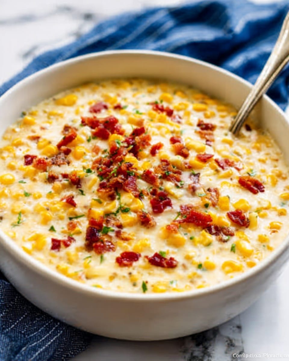 The image shows a white bowl full of creamy corn. The corn is yellow with a soft, smooth texture throughout. On top, there is a layer of melted white cheese that is slightly stretchy and shiny. Scattered over the cheese are small pieces of red bits, likely bacon, and some green herbs, adding a touch of color contrast. A spoon is inside the bowl, ready to scoop the dish. The bowl is set on a white marbled surface with a blue cloth blurred in the background. photo taken with an iphone --ar 4:5 --v 7