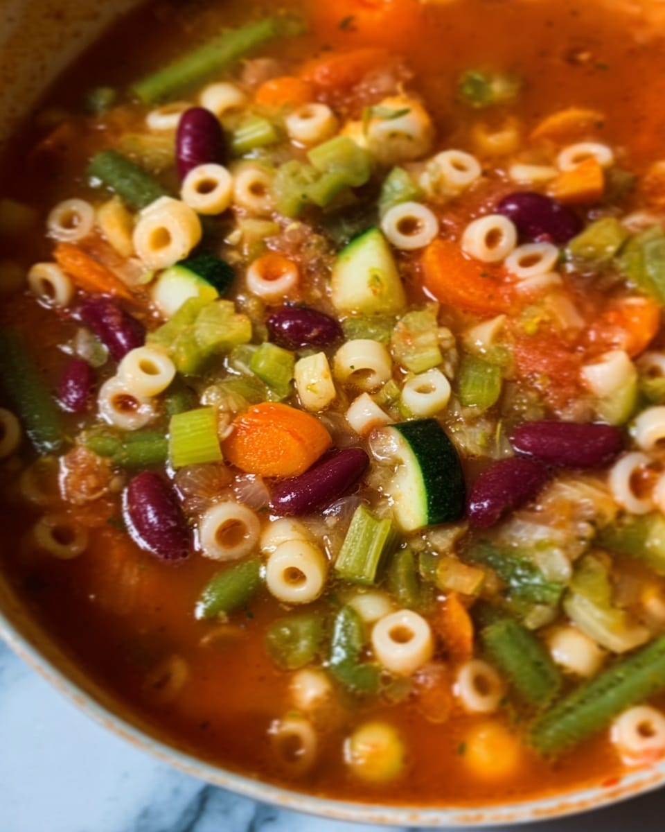 The image shows a close-up of a colorful soup with many layers of ingredients. At the bottom, there are small white pasta rings mixed with chopped green beans and pieces of green celery. Scattered on top are dark red kidney beans and small orange carrot pieces. The soup has a reddish-orange broth that covers the ingredients partially, giving the dish a warm and hearty look. The background is a white marbled surface. Photo taken with an iphone --ar 4:5 --v 7