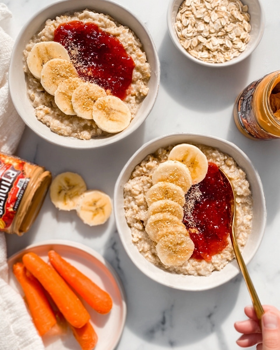 The image shows two white bowls of oatmeal on a white marbled surface. Each bowl has three layers: the bottom layer is the beige oatmeal with a soft, slightly rough texture, the middle layer has bright red strawberry jam spread on half of the oatmeal, and the top layer has thin yellow banana slices arranged on one side of the jam. There is a sprinkling of oats over the banana slices in both bowls. On the surface near the bowls, there is a white bowl filled with dry oats, a white plate with two bright orange baby carrots, and a jar of peanut butter. A woman's hand is near one of the bowls, reaching with a golden spoon. The scene is bright and clean, with soft natural light. Photo taken with an iphone --ar 4:5 --v 7