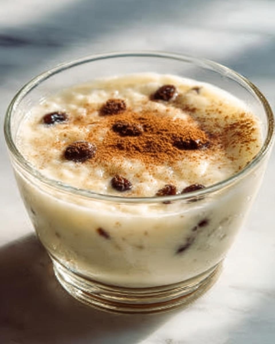 The image shows a clear glass bowl filled with a creamy white dish that looks like rice pudding. The pudding has small dark brown raisins scattered throughout, and a light sprinkle of brown powder, possibly cinnamon, on top. The texture looks smooth with some soft rice grains visible. The bowl sits on a white marbled surface with soft natural light coming from the side, creating subtle shadows. Photo taken with an iphone --ar 4:5 --v 7