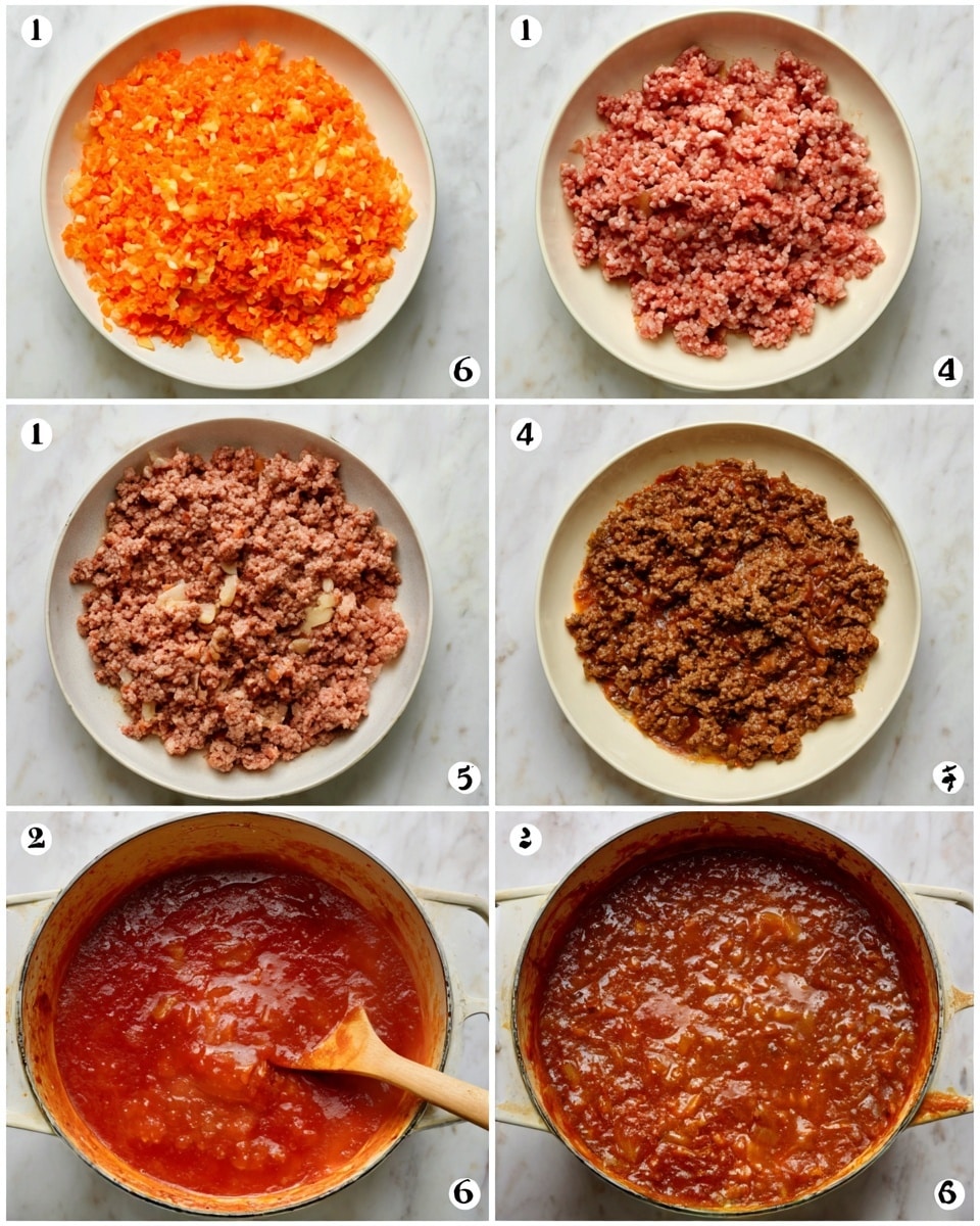 The image shows a six-step cooking process in white plates and pots placed on a white marbled surface. First, there is a white plate filled with a bright orange mixture of finely chopped carrots and onions. In the second step, a white plate contains raw minced meat being stirred with a wooden spoon. The third step shows the minced meat cooked and browned evenly in a white plate. The fourth step captures the cooked meat in a pot with a red sauce poured over it, stirred with a wooden spoon. The fifth step displays the pot with the sauce and meat bubbling and mixing, showing a thick consistency. Finally, the sixth image depicts a thick, rich meat sauce filling the pot with visible textured meat pieces simmered in deep red sauce. photo taken with an iphone --ar 4:5 --v 7