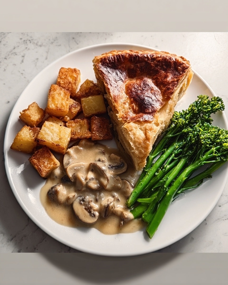 A round meat pie with a golden brown crust sits in the center of a white plate, partly sliced to show a filling of cooked mushrooms and meat inside with a soft texture. Surrounding the pie on one side is a small pile of bright green peas, and on the other side is a single roasted potato with a crispy, browned outside. The plate rests on a white marbled table, with a glass of water and other small bowls blurred in the background. Photo taken with an iphone --ar 4:5 --v 7