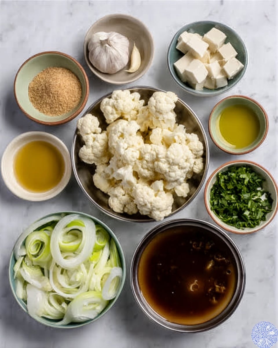 The image shows several small white bowls on a white marbled surface, each holding different ingredients for cooking. One bowl contains light brown granulated sugar, another has pieces of garlic, and a third holds a pale yellow liquid that looks like olive oil. A large bowl is filled with fresh, white cauliflower florets. One bowl contains chopped green herbs, and another has small cubes of white tofu. There is also a bowl filled with clear, rich brown broth and one with sliced white and light green leeks. The bowls are neatly arranged, showing a mix of textures and natural colors. Photo taken with an iphone --ar 4:5 --v 7