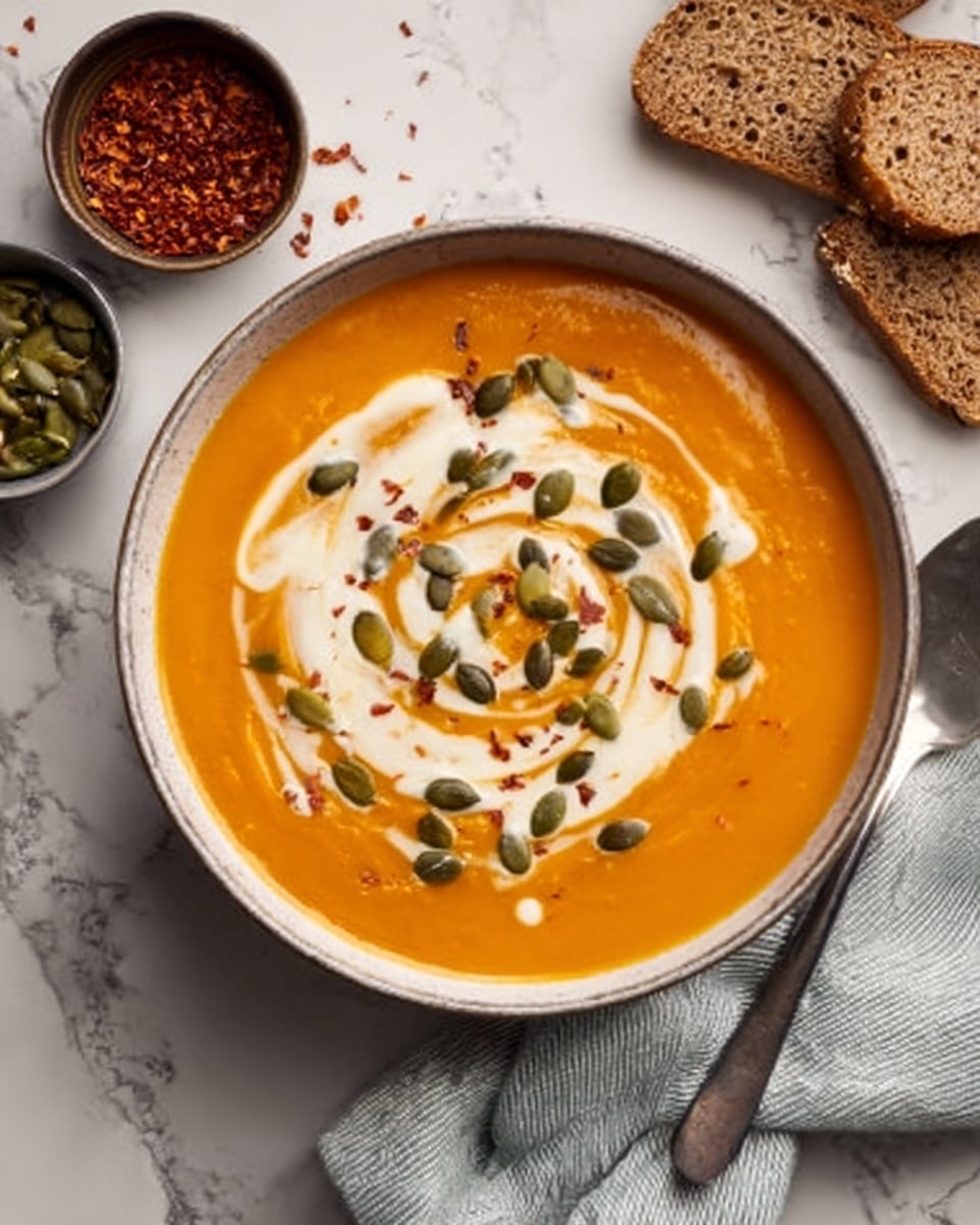 A bowl of thick orange soup fills most of the white bowl. The soup has a smooth texture and is topped with a swirl of white cream in a loose spiral pattern. Scattered on top are green pumpkin seeds and red crushed flakes, adding color and texture. The bowl sits on a soft white marbled surface, with two spoons wrapped in a light gray cloth nearby, and small slices of brown bread and two small bowls of pumpkin seeds and red flakes around it. Photo taken with an iphone --ar 4:5 --v 7