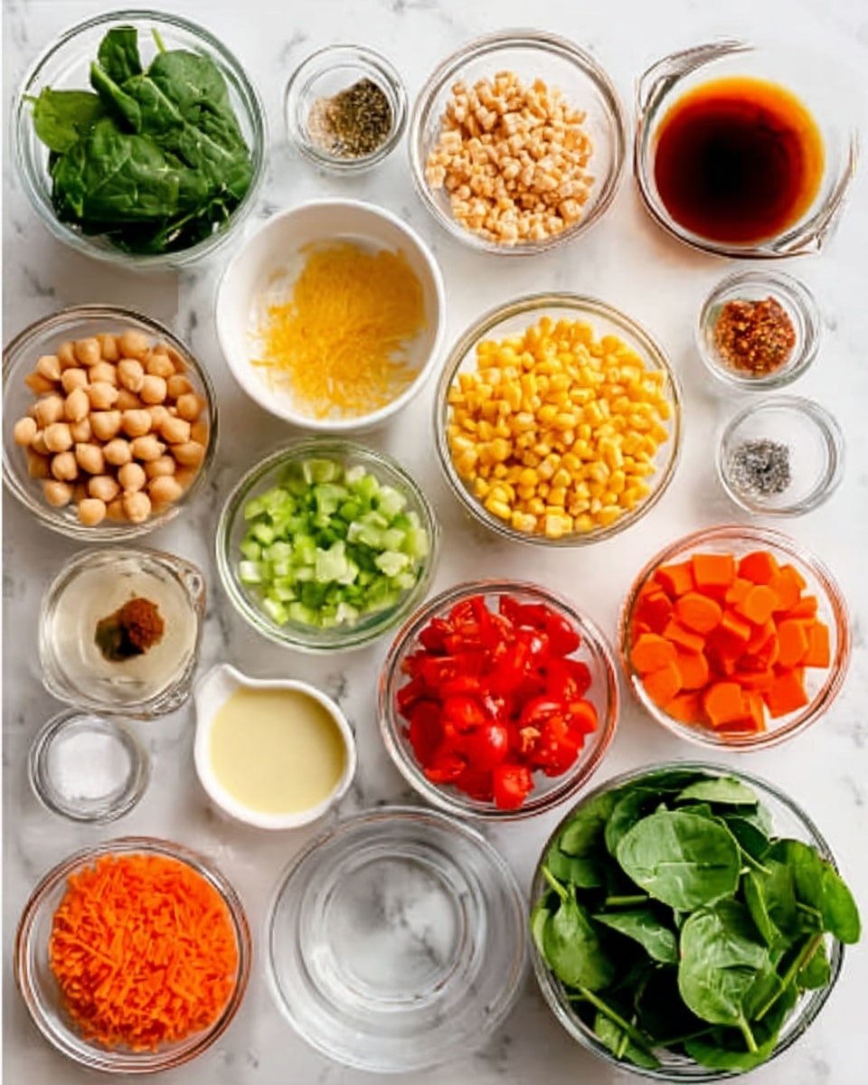 The image shows a white plate divided into several small clear bowls arranged neatly on a white marbled surface. Each bowl contains different ingredients with distinct colors and textures: chickpeas in light beige, fresh green spinach leaves, golden yellow corn kernels, finely chopped red tomatoes, bright orange carrot slices, and green sliced celery. There is also a small empty clear bowl and other small bowls with various seasonings and sauces in colors like dark brown, pale yellow, and white. The overall look is colorful and organized, with each ingredient clearly visible in its own bowl, and a clean, fresh setting. Photo taken with an iphone --ar 4:5 --v 7