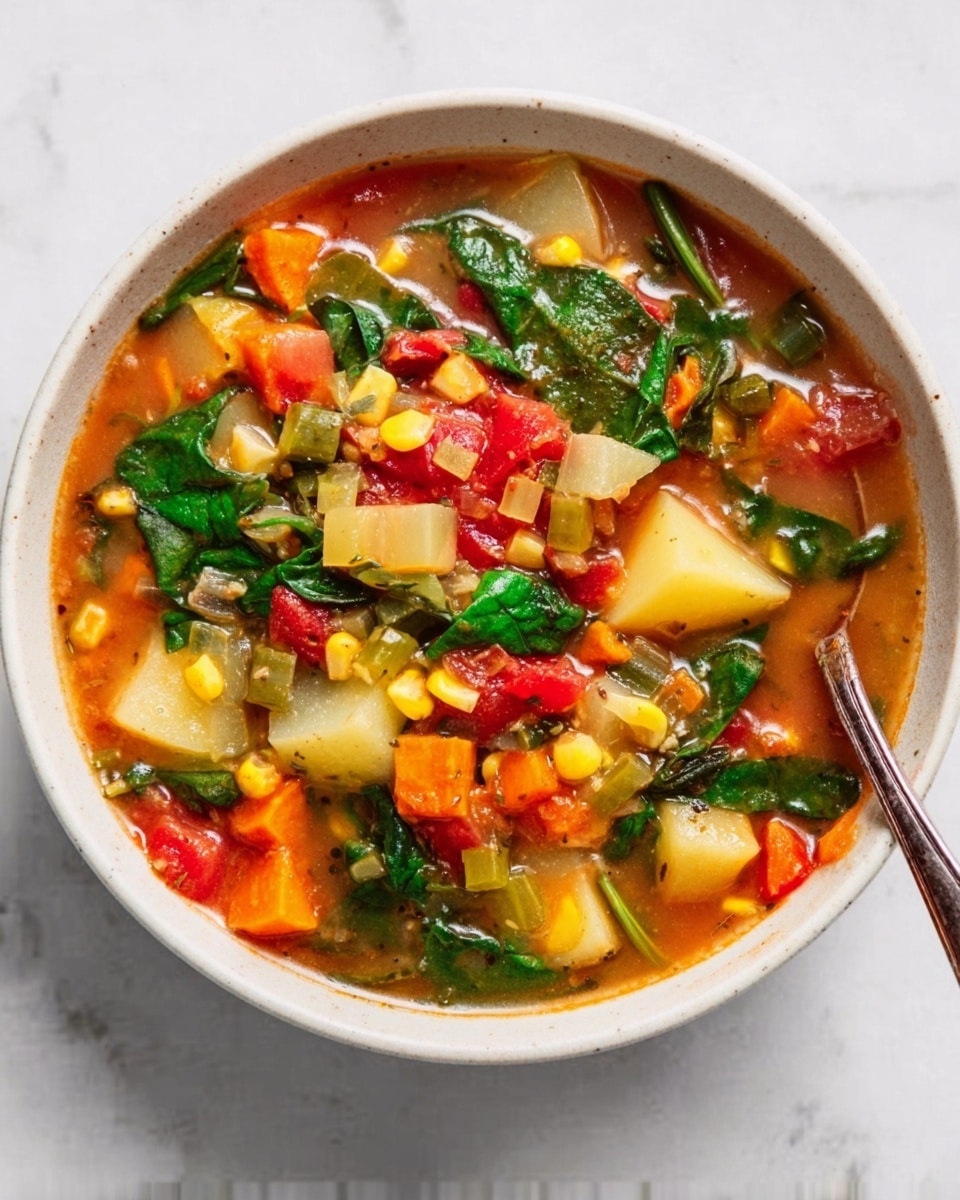A white bowl filled with a colorful vegetable and bean soup, showing several layers of ingredients. The top layer features bright green spinach leaves, diced red tomatoes, and small cubes of pale yellow potatoes. Below that, you can see orange carrot pieces, yellow corn kernels, and light brown beans mixed in a clear, reddish broth. A silver spoon rests inside the bowl on the right side, partially submerged in the soup. The bowl sits on a white marbled surface. Photo taken with an iphone --ar 4:5 --v 7