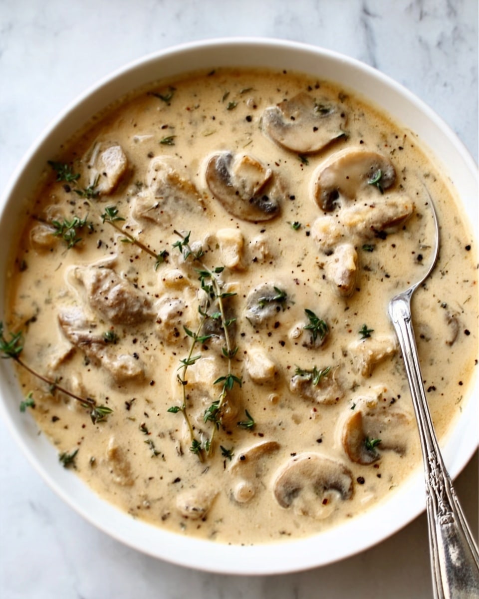The image shows a creamy mushroom sauce filled with sliced mushrooms and small pieces of meat in a white bowl. The sauce is thick and light brown with visible herbs like thyme sprinkled on top and some black pepper dots. On the right side, a silver spoon rests inside the bowl, reflecting light. The background is a white marbled surface. photo taken with an iphone --ar 4:5 --v 7