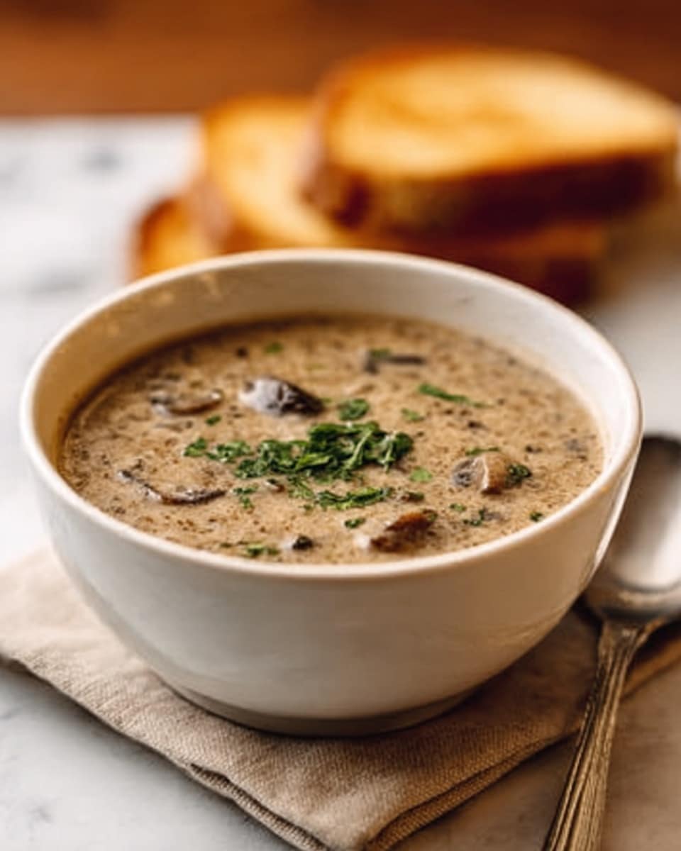 A white bowl filled with creamy mushroom soup showing small, soft mushroom pieces floating in the smooth, light beige broth. The soup has a sprinkle of green herb leaves on top for color. The bowl sits on a beige napkin with a silver spoon next to it on a white marbled texture surface. In the background, there is a slice of toasted bread blurred softly. Photo taken with an iphone --ar 4:5 --v 7