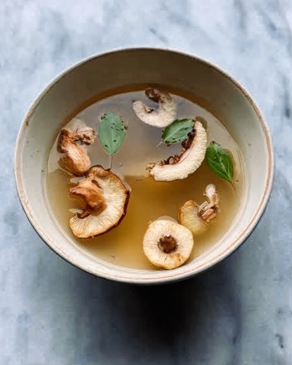 A white bowl filled with a clear broth, containing light tan slices of various mushrooms, including shiitake with their brown caps and lighter edges, arranged floating on the surface with a few small green leaves scattered in between. The bowl is placed on a white marbled surface. Photo taken with an iphone --ar 4:5 --v 7