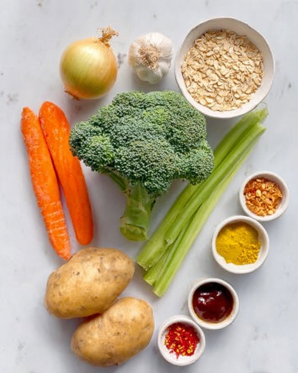 The image shows fresh vegetables and spices neatly arranged on a white marbled surface. There is a large, green broccoli head in the center, surrounded by two orange carrots on the left and two light brown potatoes below the carrots. To the right of the broccoli, three green celery stalks are placed diagonally. Above the broccoli, a white bowl filled with light-colored oats sits next to three small white bowls containing red chili flakes, a yellow powder, and a dark brown sauce, respectively. Additionally, a whole yellow onion and a garlic bulb are positioned toward the upper left side. Photo taken with an iphone --ar 4:5 --v 7