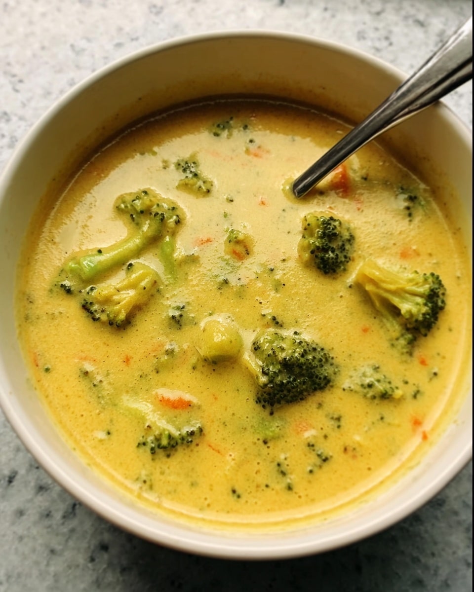 A white bowl filled with creamy yellow soup with visible small pieces of green broccoli and some tiny orange carrot bits mixed inside; the soup has a thick, smooth texture that coats the broccoli well. A silver spoon rests inside the bowl, slightly submerged in the soup, with the bowl sitting on a white marbled surface. photo taken with an iphone --ar 4:5 --v 7