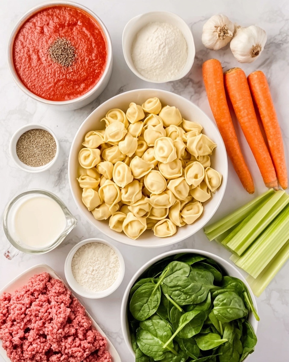 A white bowl filled with uncooked tortellini pasta sits in the center on a white marbled surface. Around the bowl, several fresh ingredients are placed: bright orange carrots on the top right, green celery stalks beside them, and a bunch of dark green spinach leaves in a white bowl at the bottom right. At the bottom left, there is raw ground meat on a white surface. Nearby are small white bowls holding white flour, minced garlic, and a creamy white liquid, along with a glass measuring cup filled with milk. At the top left, a large white bowl holds red tomato sauce sprinkled with black pepper on top. The colors and textures show freshness, with a natural, clean arrangement. photo taken with an iphone --ar 4:5 --v 7