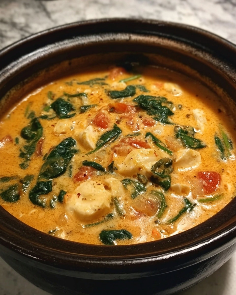 The image shows a dark clay pot filled with a creamy orange soup. The soup has layers of soft white pieces, likely tofu, mixed with wilted green spinach leaves and small bits of red tomato. The soup surface looks smooth with some bubbles and small visible chunks of vegetables. The pot sits on a white marbled surface. photo taken with an iphone --ar 4:5 --v 7