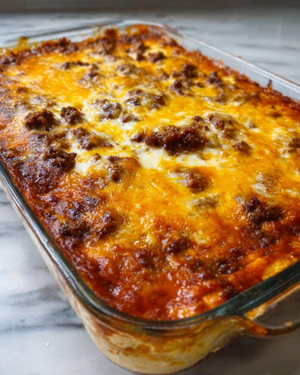 The image shows a glass baking dish with four thick layers. The bottom layer is a bright red tomato sauce, smooth and slightly glossy. Above that is a layer of cooked ground meat, dark brown with some bits visible. The next layer is creamy melted cheese, mostly golden yellow with some darker browned spots. The top layer is thick, bubbly, and melted cheese with small browned patches and some shine from oil. The dish is placed on a white marbled surface, photo taken with an iphone --ar 4:5 --v 7