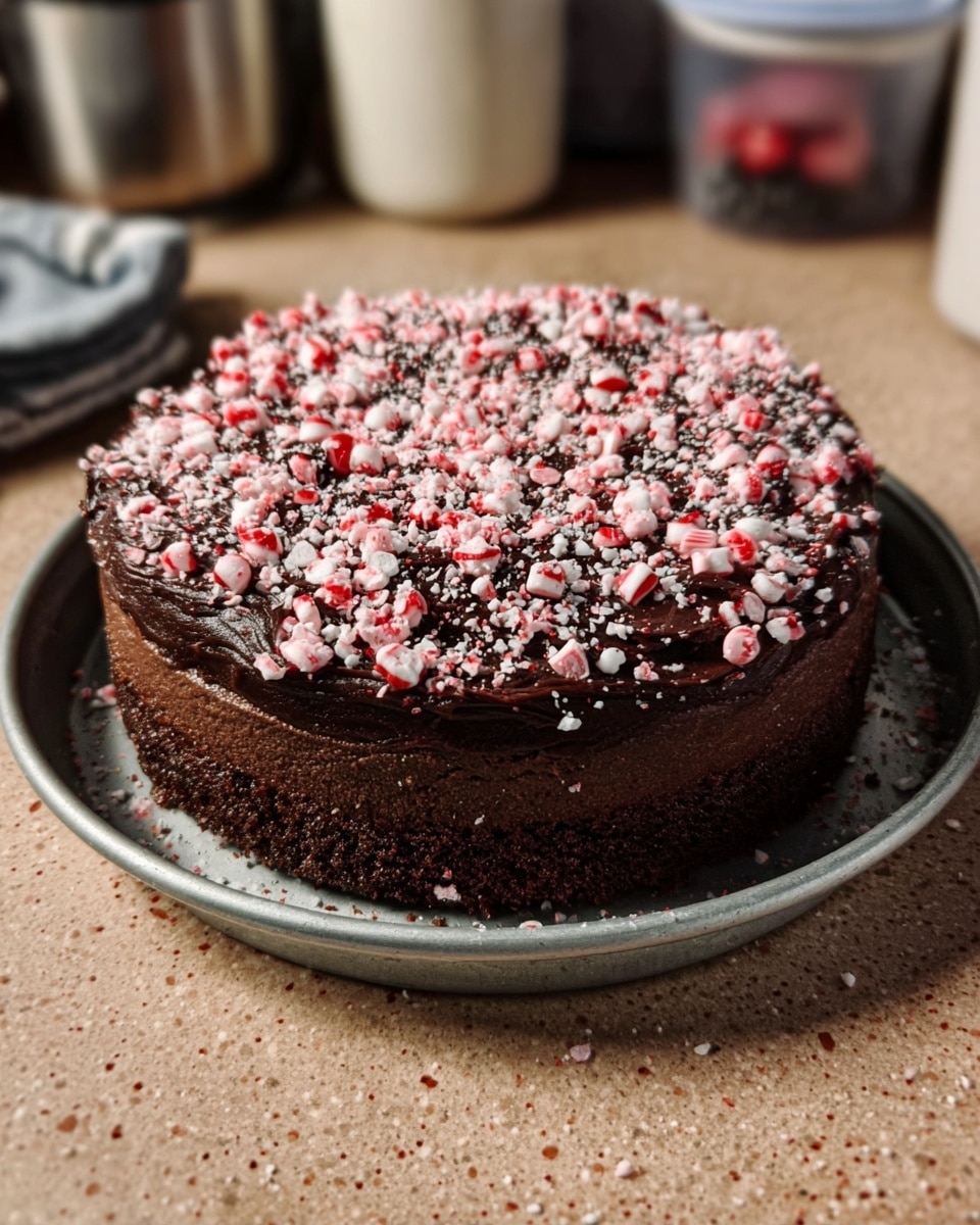 The image shows a round chocolate cake placed on a gray metal tray, sitting on a brown speckled countertop. The cake has two visible layers: a dense dark brown base layer and a thick, rich chocolate frosting layer on top. The frosting is dark and smooth, covered evenly with crushed white, pink, and red candy pieces sprinkled all over the surface, giving it a textured and colorful look. The background features a few containers and kitchen items blurred out. photo taken with an iphone --ar 4:5 --v 7